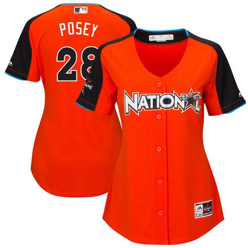 Giants #28 Buster Posey Orange All-Star National League Women's Stitched MLB Jersey